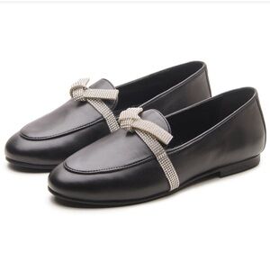 Allonsi Ariana Black Embellished Bow Leather Loafers, Size 8.